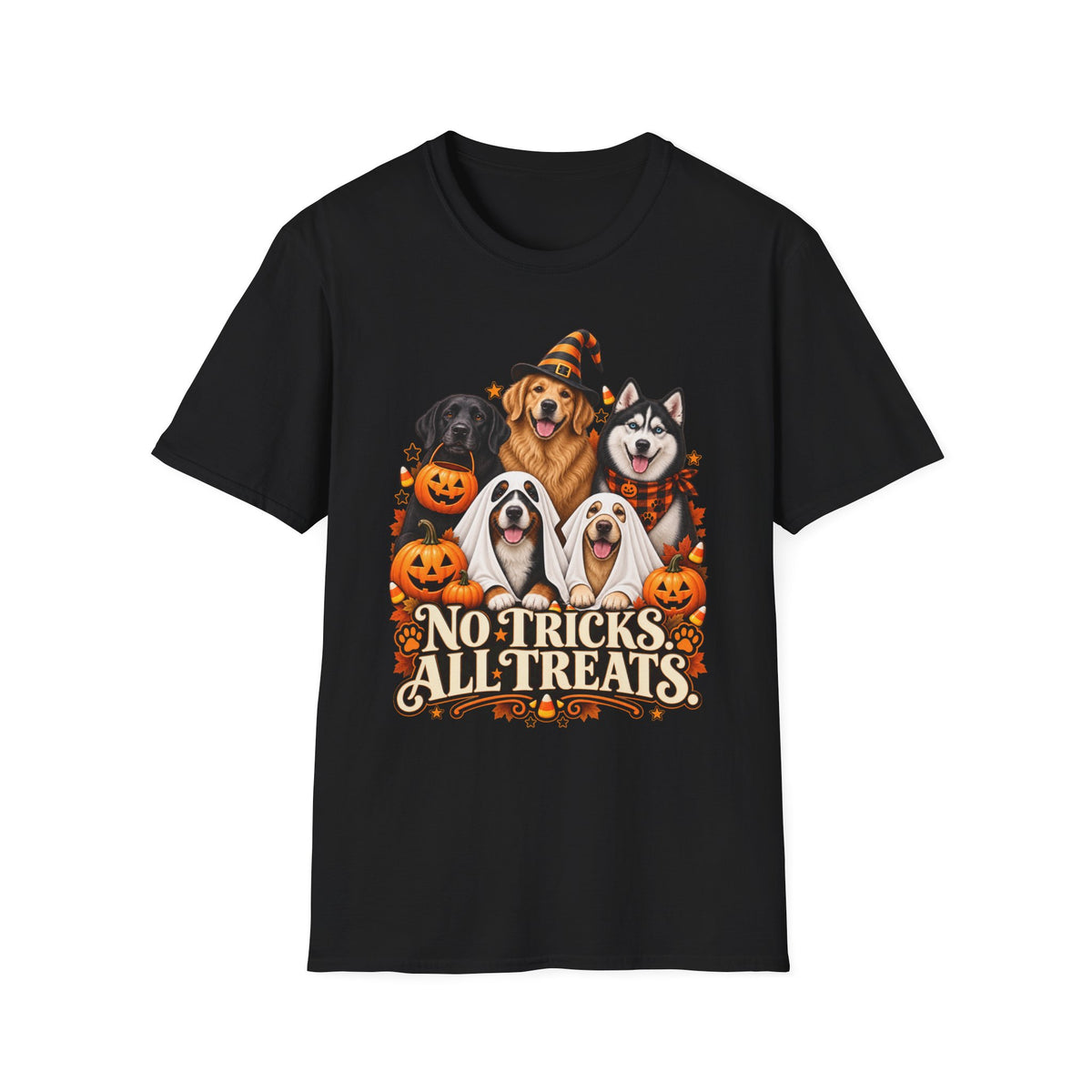 No Tricks All Treats Dogs Halloween T-Shirt | Cute Dog Pumpkin Costume Tee