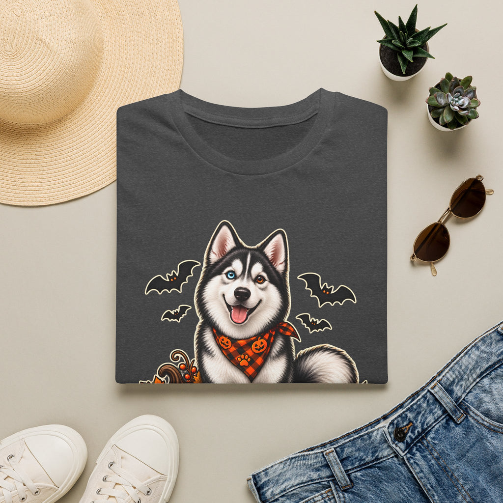 Husky Halloween Design T-Shirt | Trick or Treat Big Paws to Feet, Pumpkins & Bats