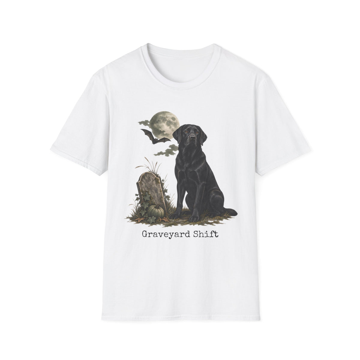 Black Labrador in Graveyard T-Shirt | Moon, Bats, Halloween Dog