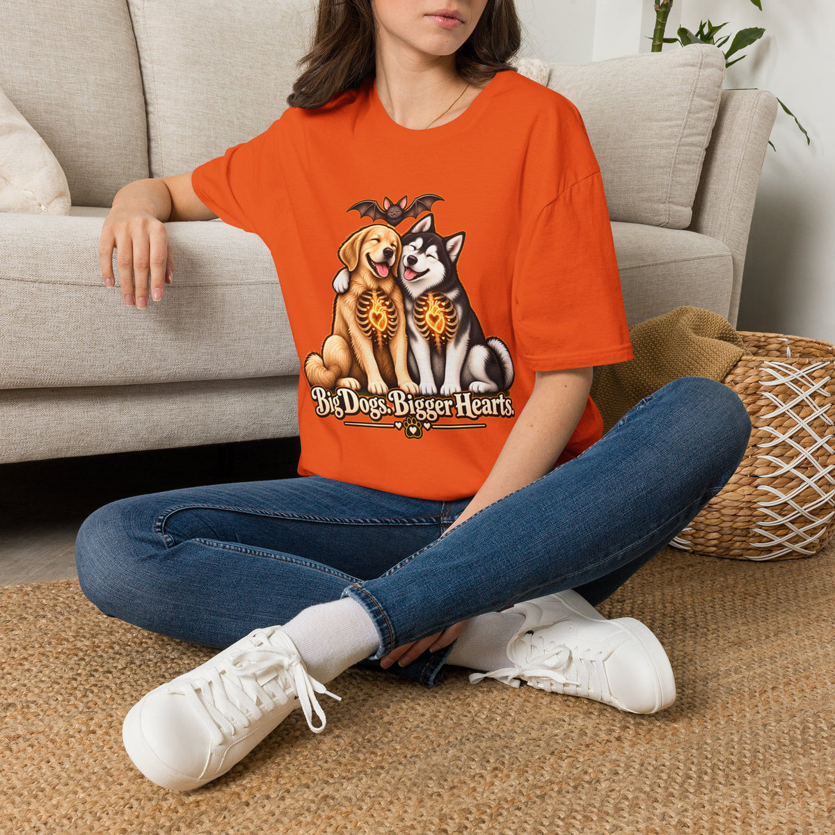 Big Dogs Bigger Hearts T-Shirt | Golden Retriever & Husky Skeleton Chest Illustration