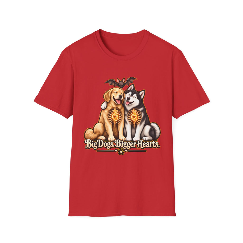 Big Dogs Bigger Hearts T-Shirt | Golden Retriever & Husky Skeleton Chest Illustration
