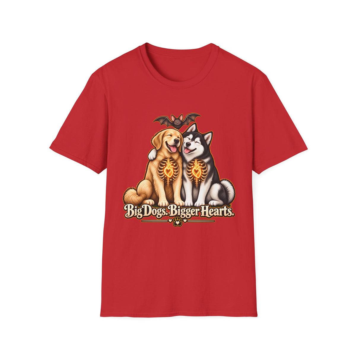 Big Dogs Bigger Hearts T-Shirt | Golden Retriever & Husky Skeleton Chest Illustration