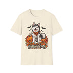 Husky Halloween Design T-Shirt | Trick or Treat Big Paws to Feet, Pumpkins & Bats