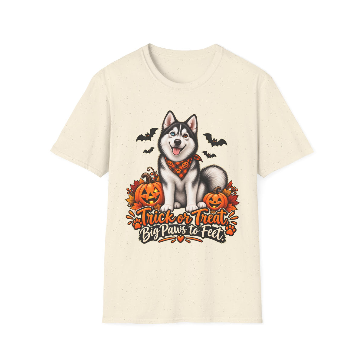 Husky Halloween Design T-Shirt | Trick or Treat Big Paws to Feet, Pumpkins & Bats