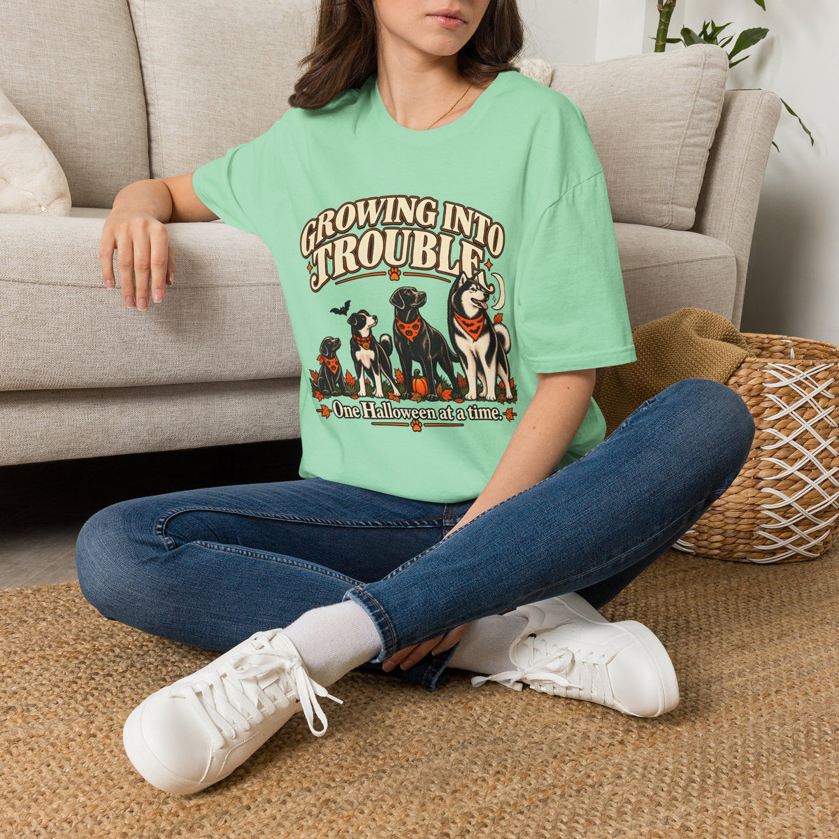 Growing Into Trouble Dogs Halloween T-Shirt | Pumpkin Orange Crew Tee