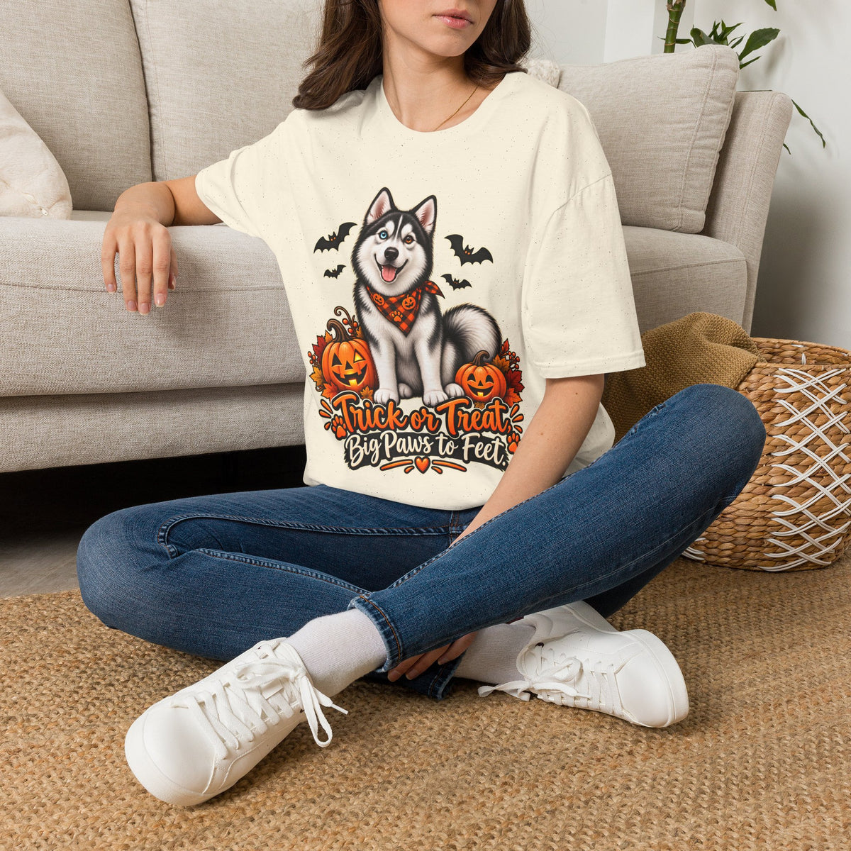 Husky Halloween Design T-Shirt | Trick or Treat Big Paws to Feet, Pumpkins & Bats