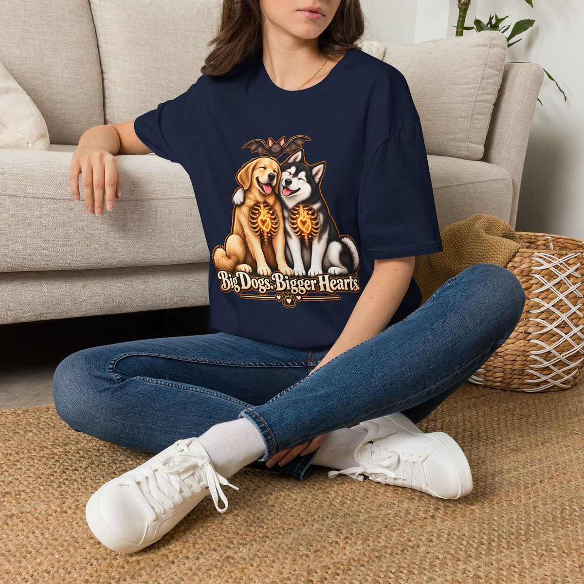 Big Dogs Bigger Hearts T-Shirt | Golden Retriever & Husky Skeleton Chest Illustration