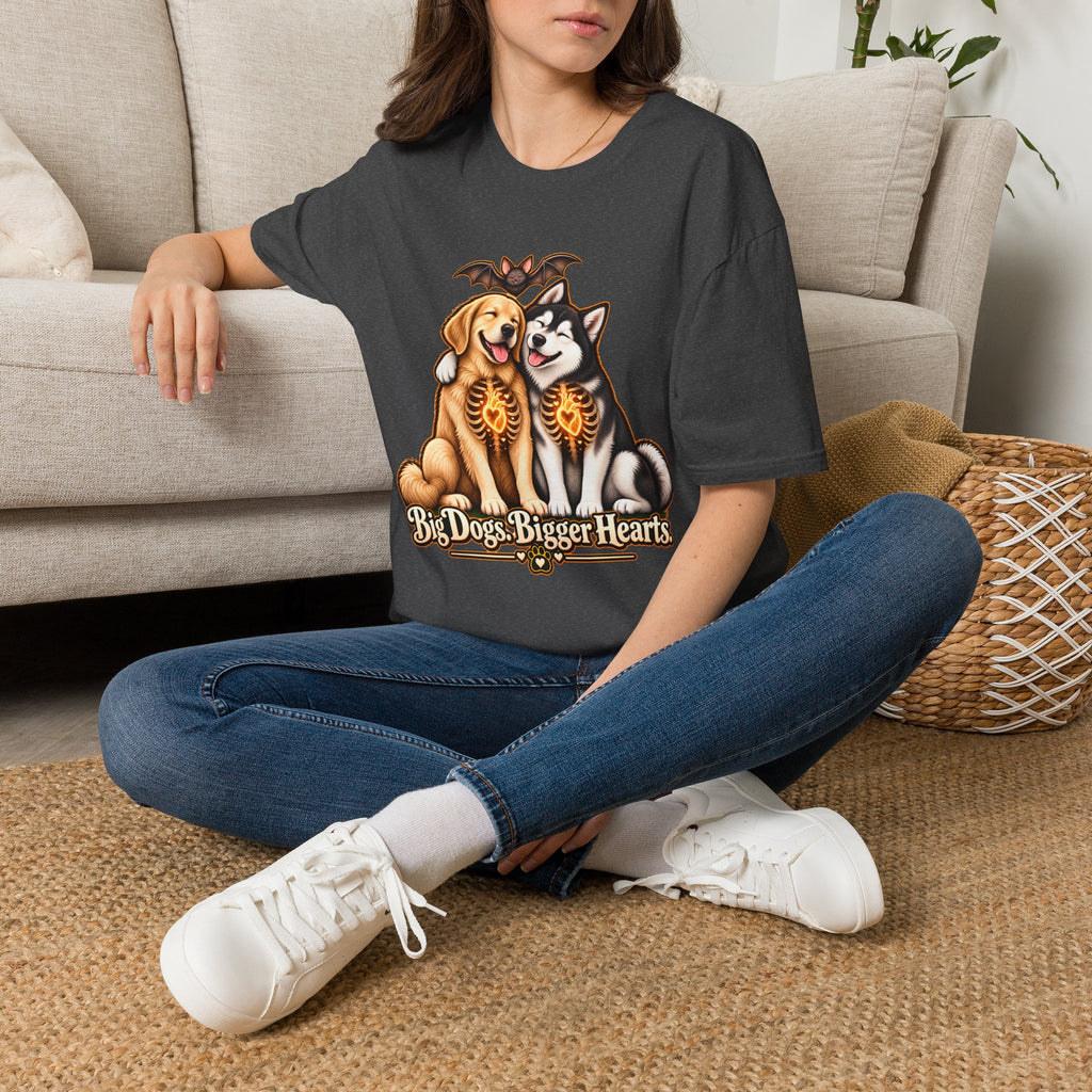 Big Dogs Bigger Hearts T-Shirt | Golden Retriever & Husky Skeleton Chest Illustration