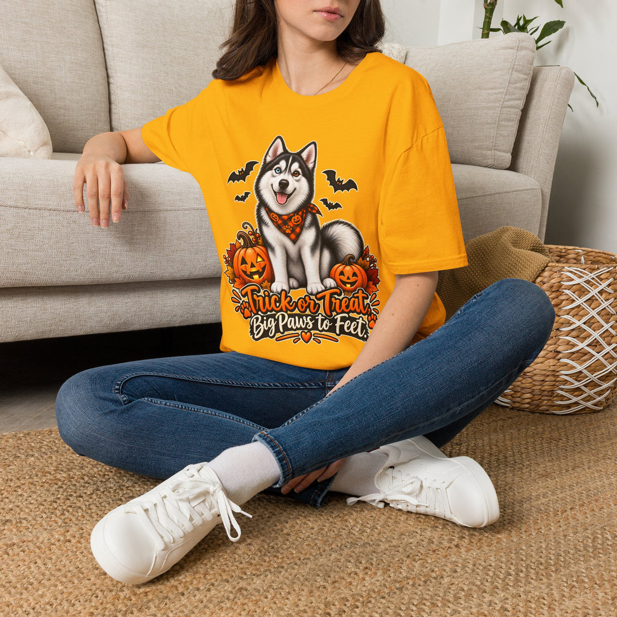 Husky Halloween Design T-Shirt | Trick or Treat Big Paws to Feet, Pumpkins & Bats