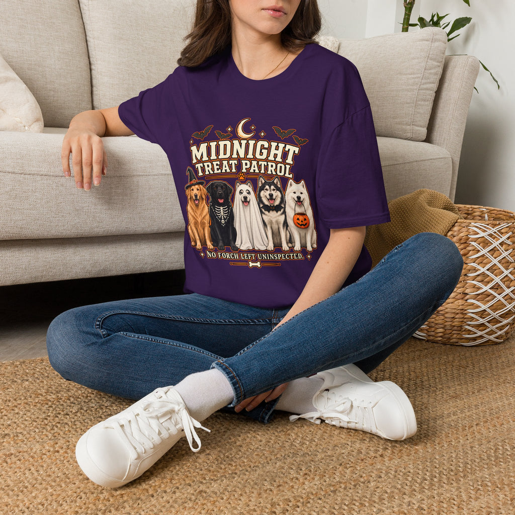 Midnight Treat Patrol T-Shirt | Halloween Dog Squad, Moon & Bats
