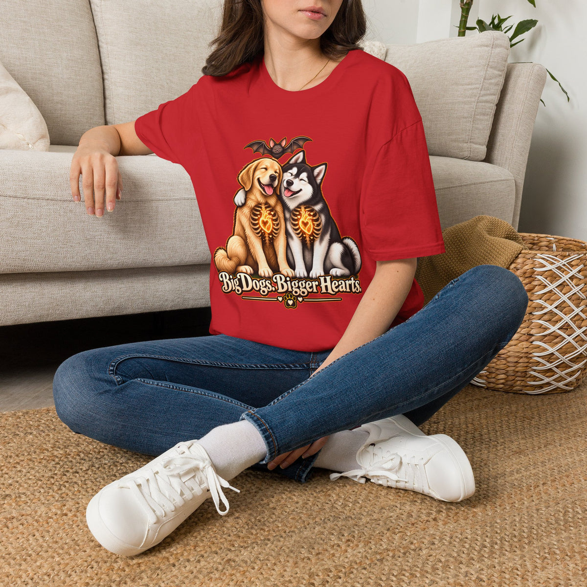 Big Dogs Bigger Hearts T-Shirt | Golden Retriever & Husky Skeleton Chest Illustration