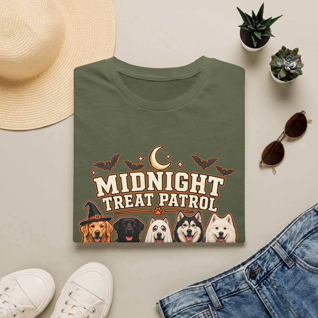 Midnight Treat Patrol T-Shirt | Halloween Dog Squad, Moon & Bats