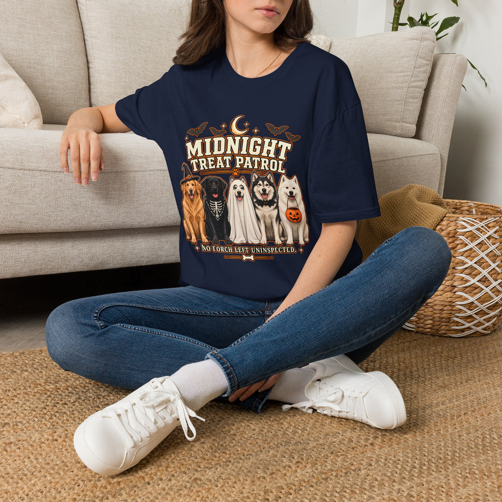 Midnight Treat Patrol T-Shirt | Halloween Dog Squad, Moon & Bats