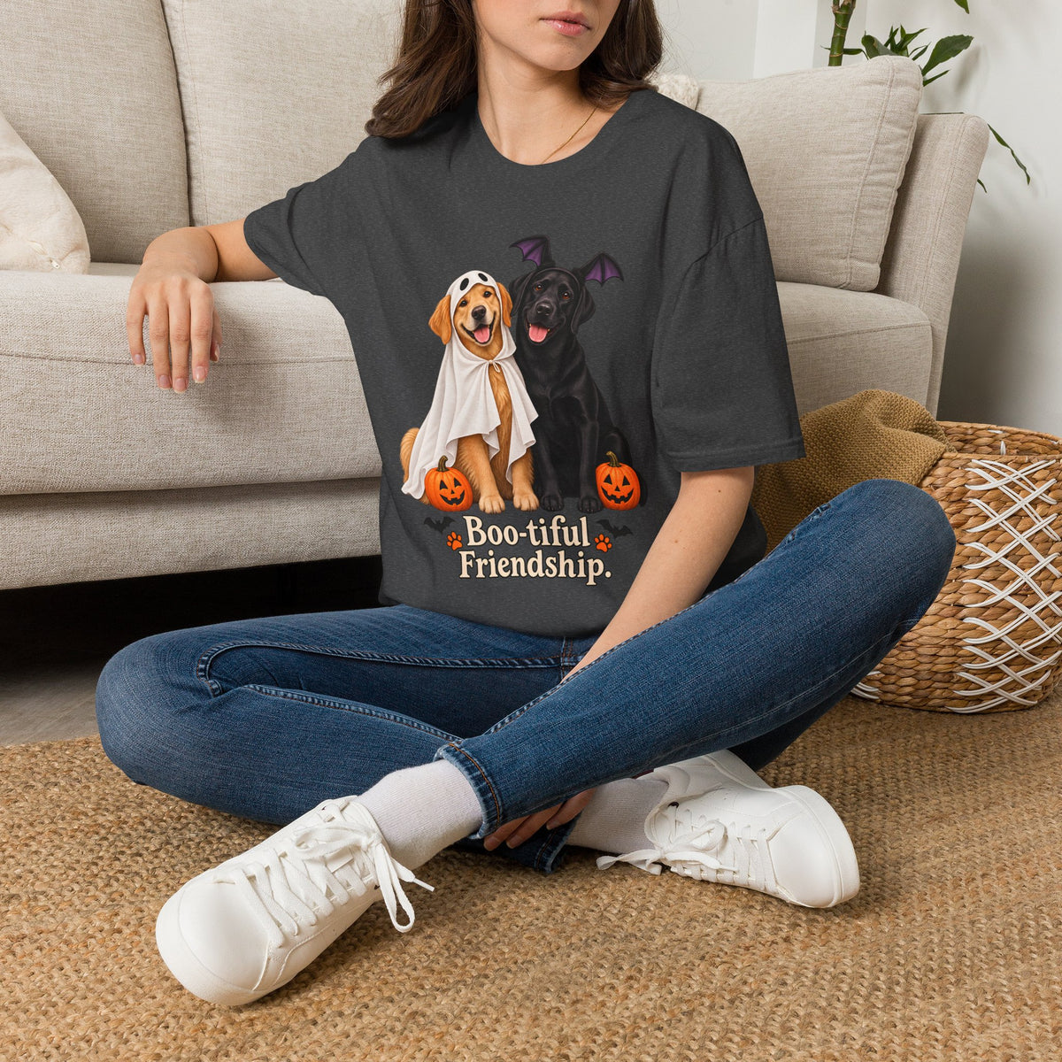 Boo-tiful Golden & Labrador Friendship T-Shirt | Halloween Dog Ghost Design