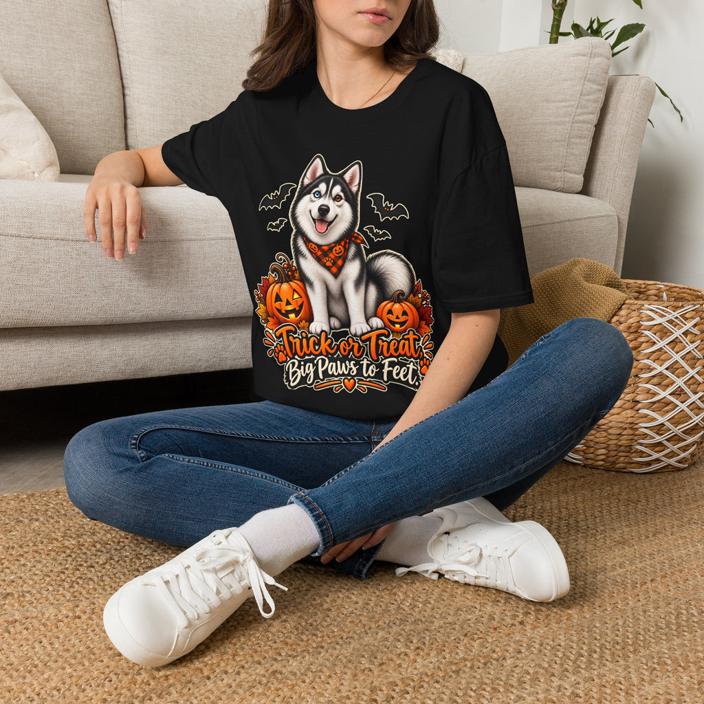 Husky Halloween Design T-Shirt | Trick or Treat Big Paws to Feet, Pumpkins & Bats