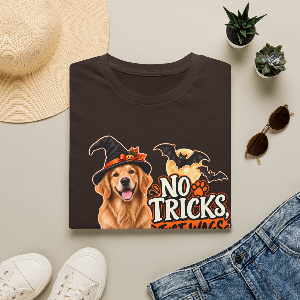 No Tricks Just Wags Dog Halloween T-Shirt | Golden Retriever, Pumpkin