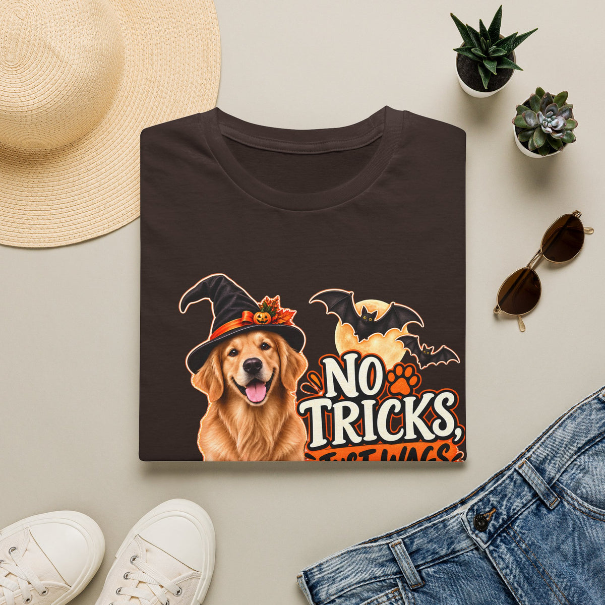 No Tricks Just Wags Dog Halloween T-Shirt | Golden Retriever, Pumpkin