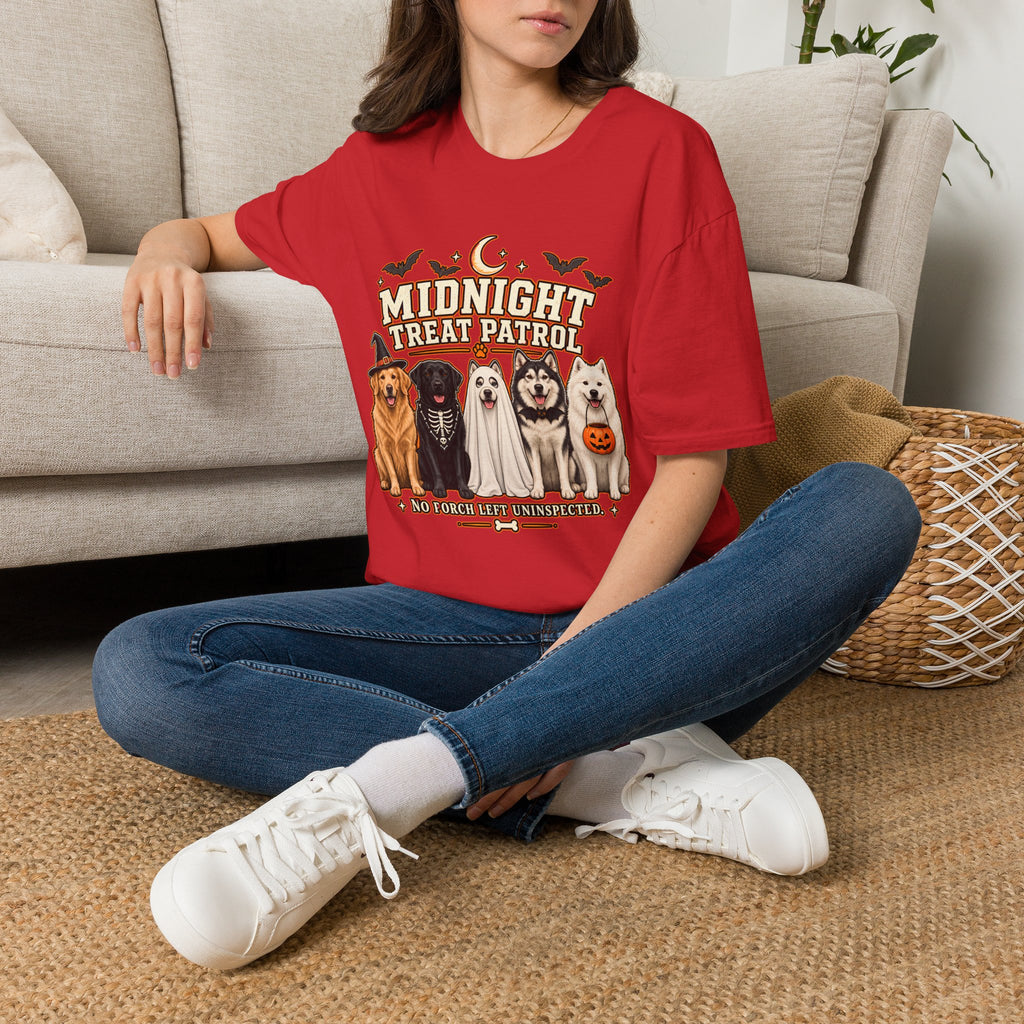 Midnight Treat Patrol T-Shirt | Halloween Dog Squad, Moon & Bats