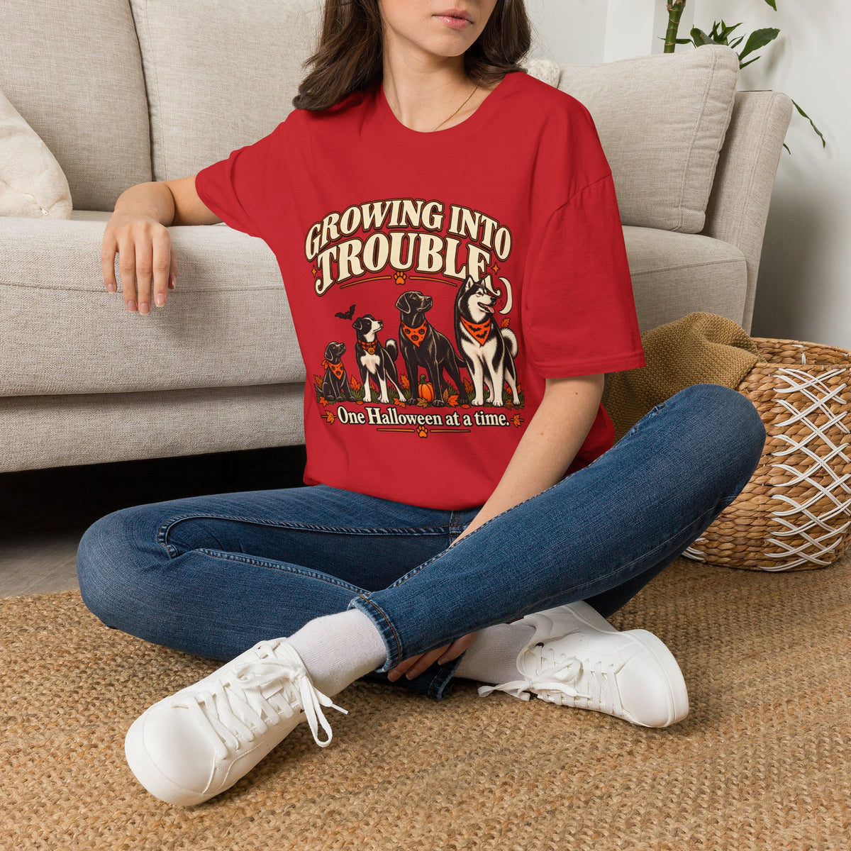 Growing Into Trouble Dogs Halloween T-Shirt | Pumpkin Orange Crew Tee