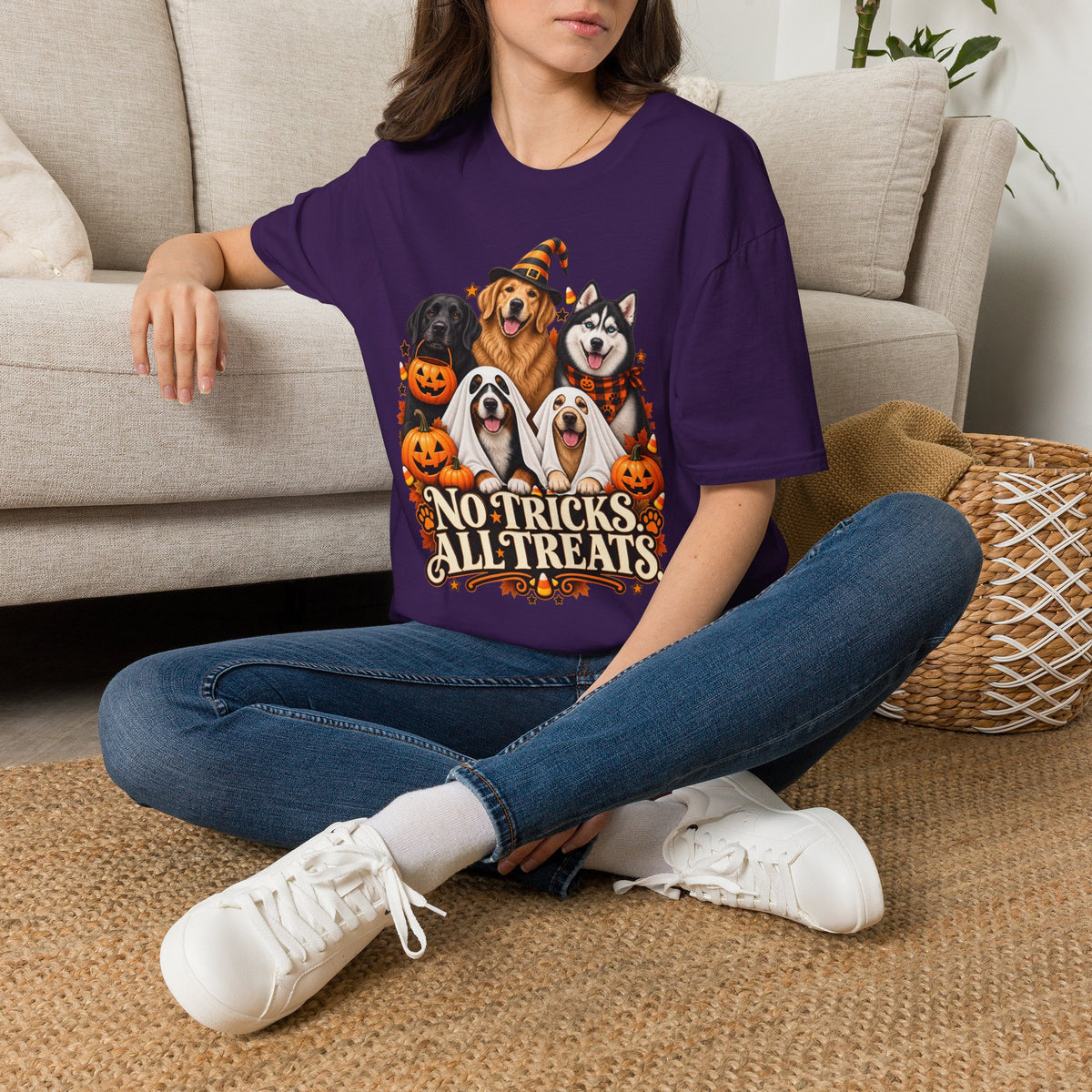 No Tricks All Treats Dogs Halloween T-Shirt | Cute Dog Pumpkin Costume Tee