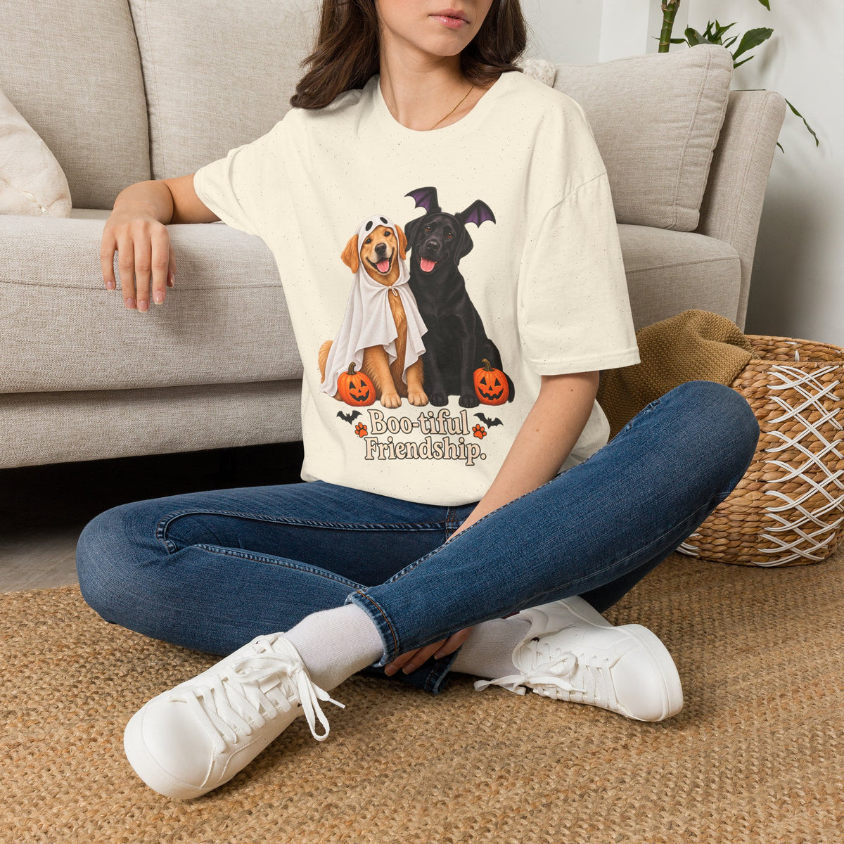 Boo-tiful Golden & Labrador Friendship T-Shirt | Halloween Dog Ghost Design