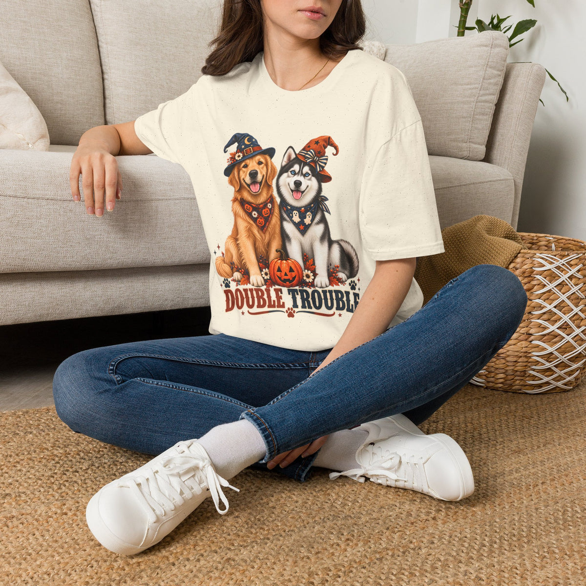 Double Trouble Golden & Husky Halloween T-Shirt | Halloween Dog Ghost Design