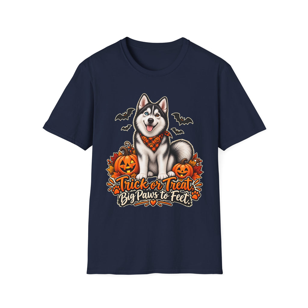 Husky Halloween Design T-Shirt | Trick or Treat Big Paws to Feet, Pumpkins & Bats