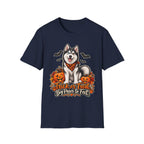 Husky Halloween Design T-Shirt | Trick or Treat Big Paws to Feet, Pumpkins & Bats