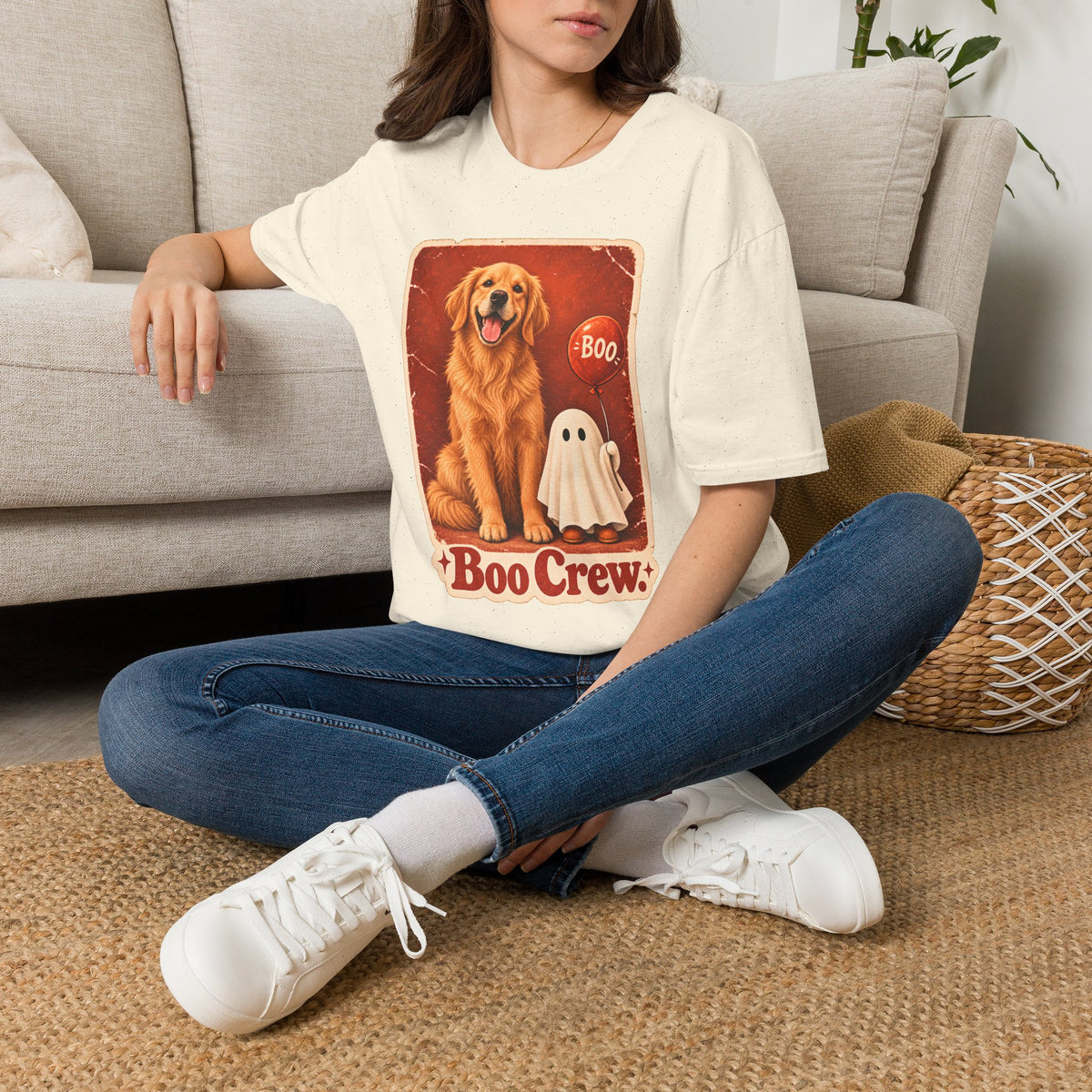 Golden Retriever Boo Crew T-Shirt | Halloween Dog Ghost Design