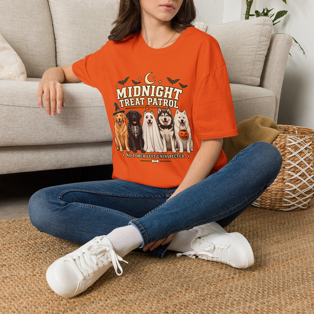 Midnight Treat Patrol T-Shirt | Halloween Dog Squad, Moon & Bats