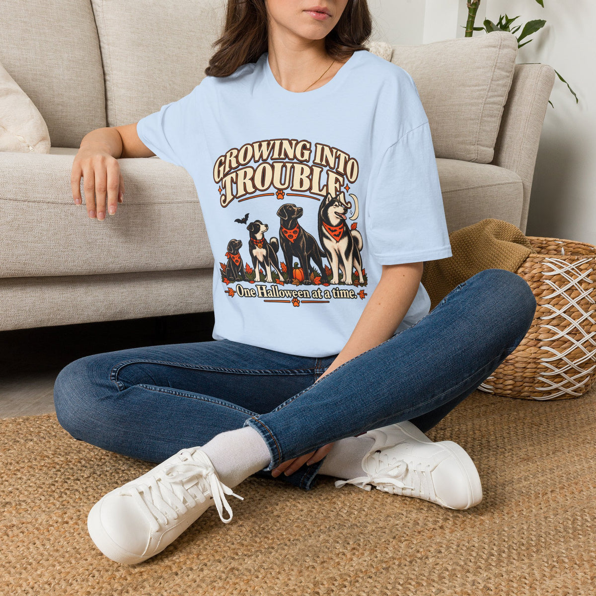 Growing Into Trouble Dogs Halloween T-Shirt | Pumpkin Orange Crew Tee