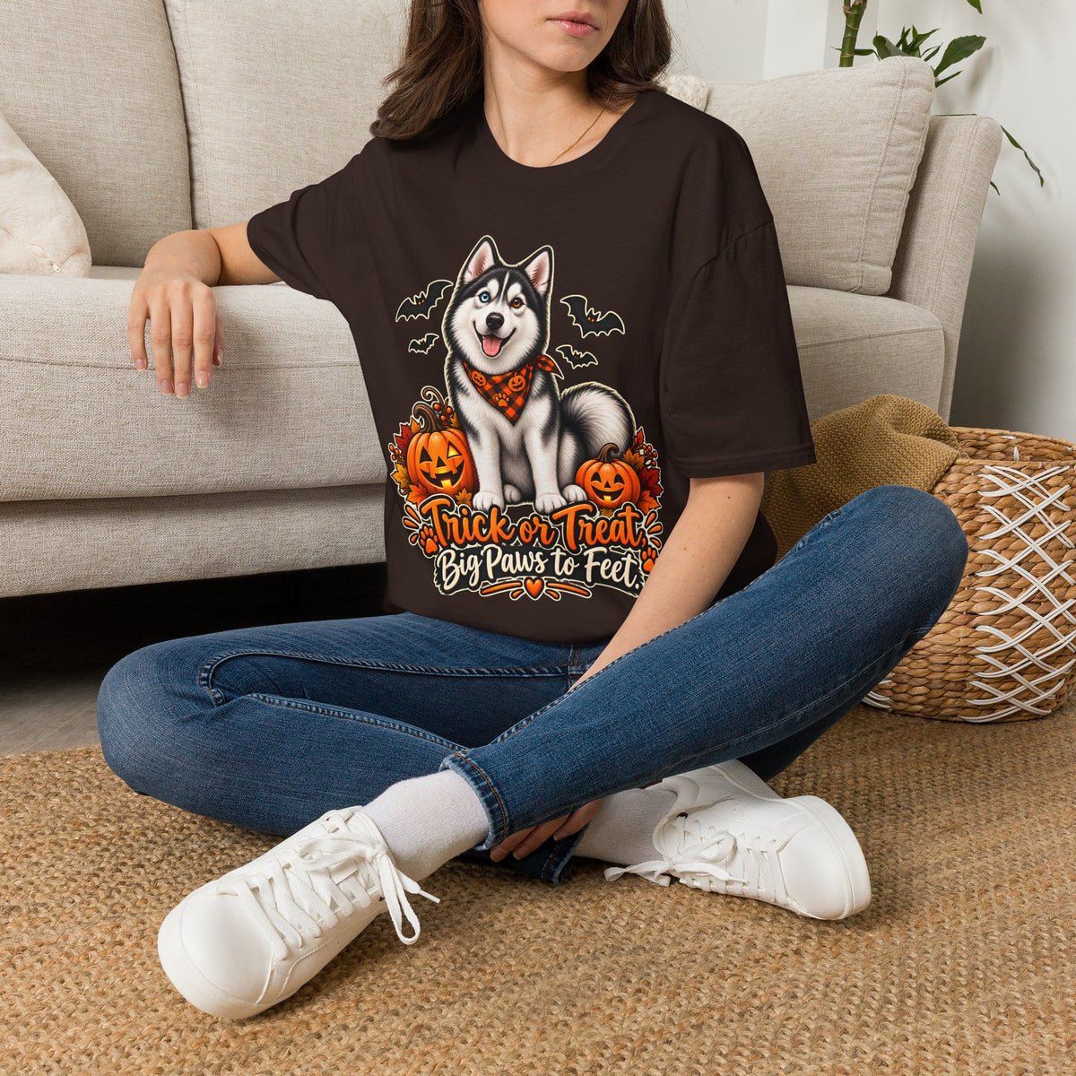 Husky Halloween Design T-Shirt | Trick or Treat Big Paws to Feet, Pumpkins & Bats