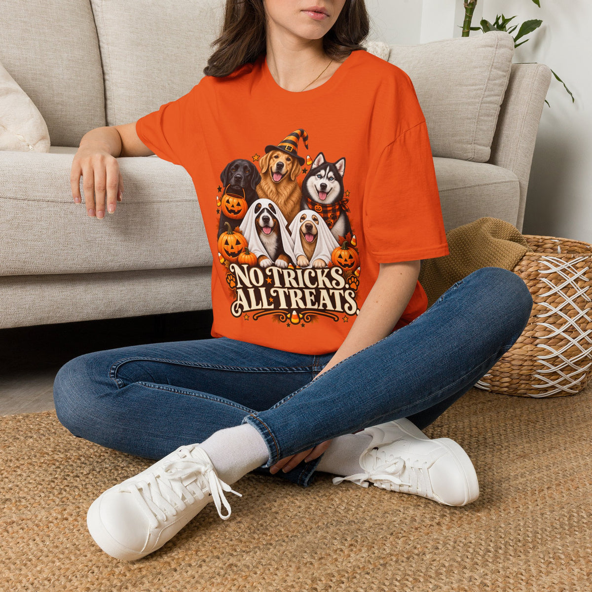 No Tricks All Treats Dogs Halloween T-Shirt | Cute Dog Pumpkin Costume Tee