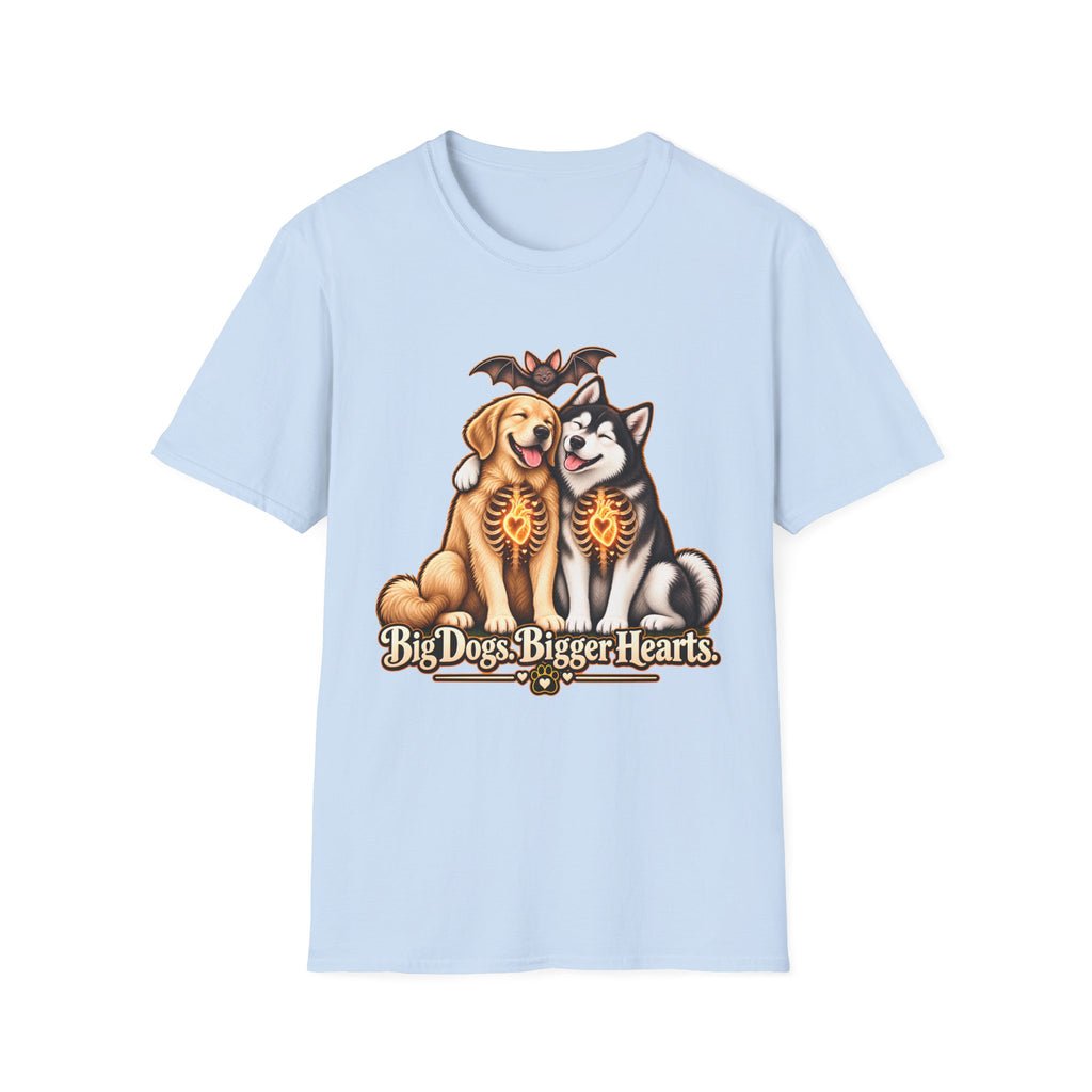 Big Dogs Bigger Hearts T-Shirt | Golden Retriever & Husky Skeleton Chest Illustration