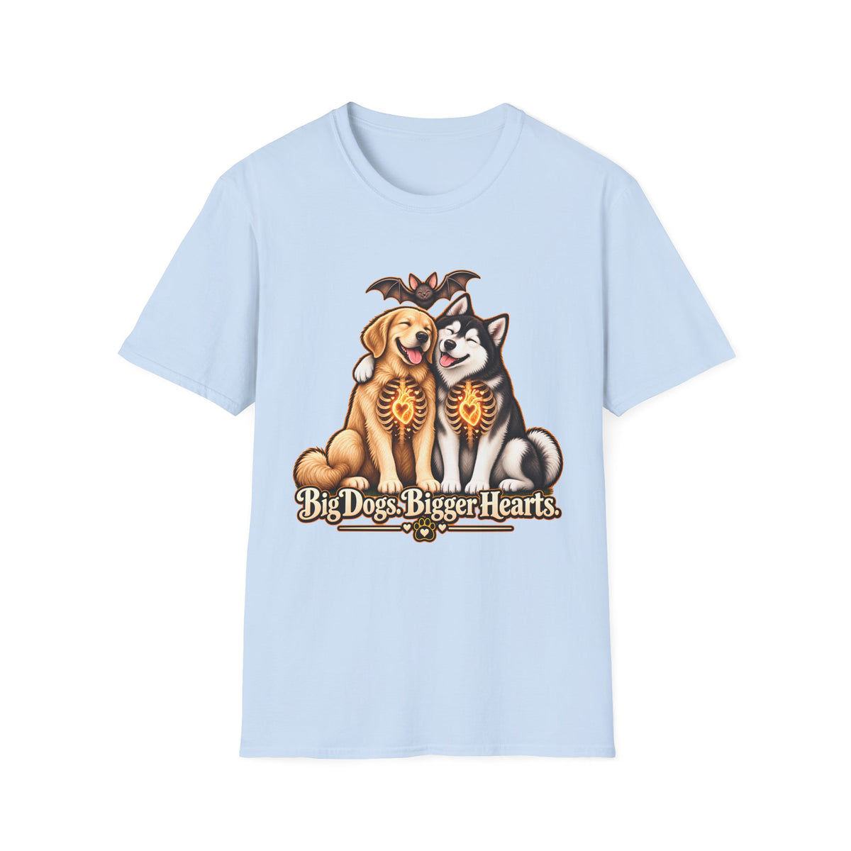 Big Dogs Bigger Hearts T-Shirt | Golden Retriever & Husky Skeleton Chest Illustration