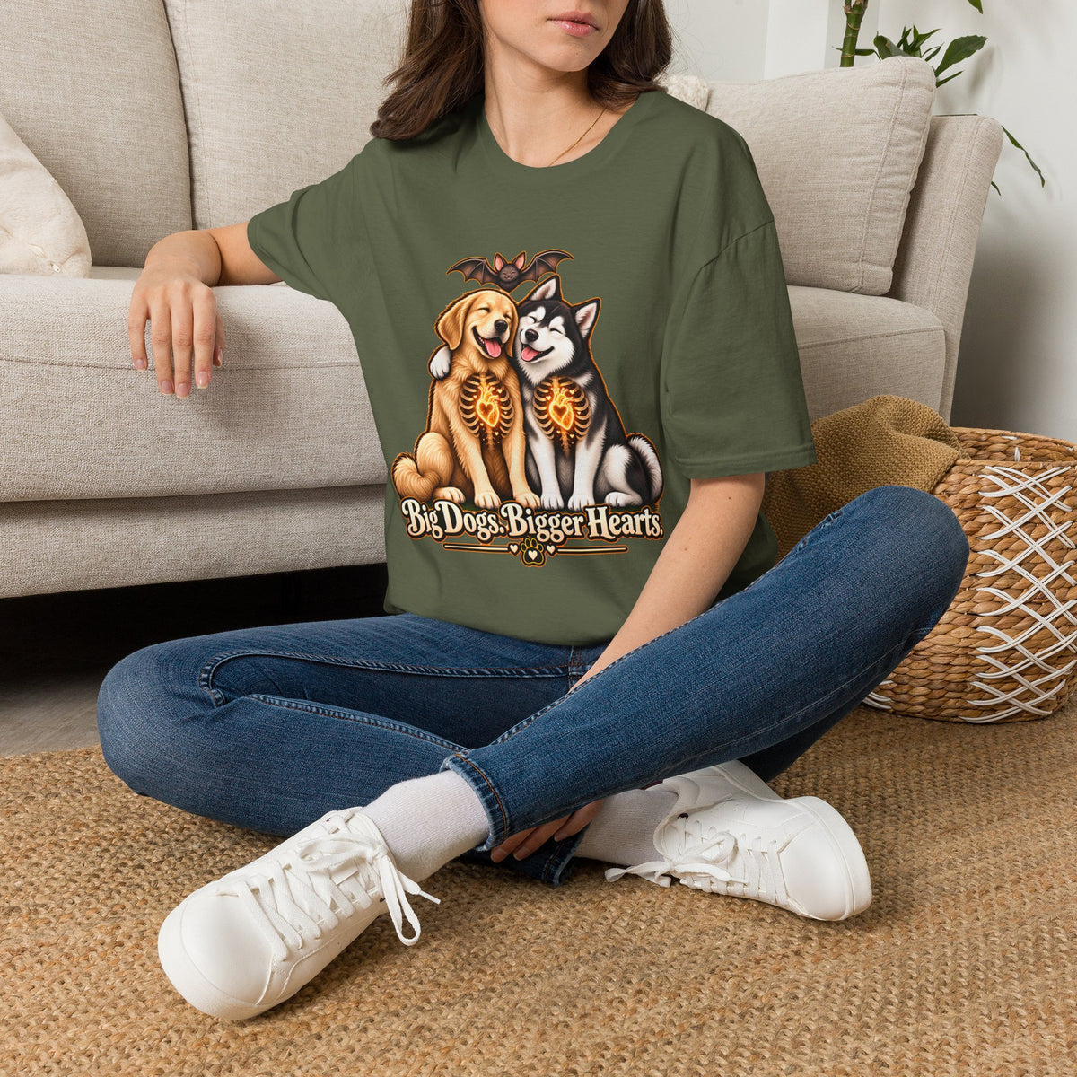 Big Dogs Bigger Hearts T-Shirt | Golden Retriever & Husky Skeleton Chest Illustration
