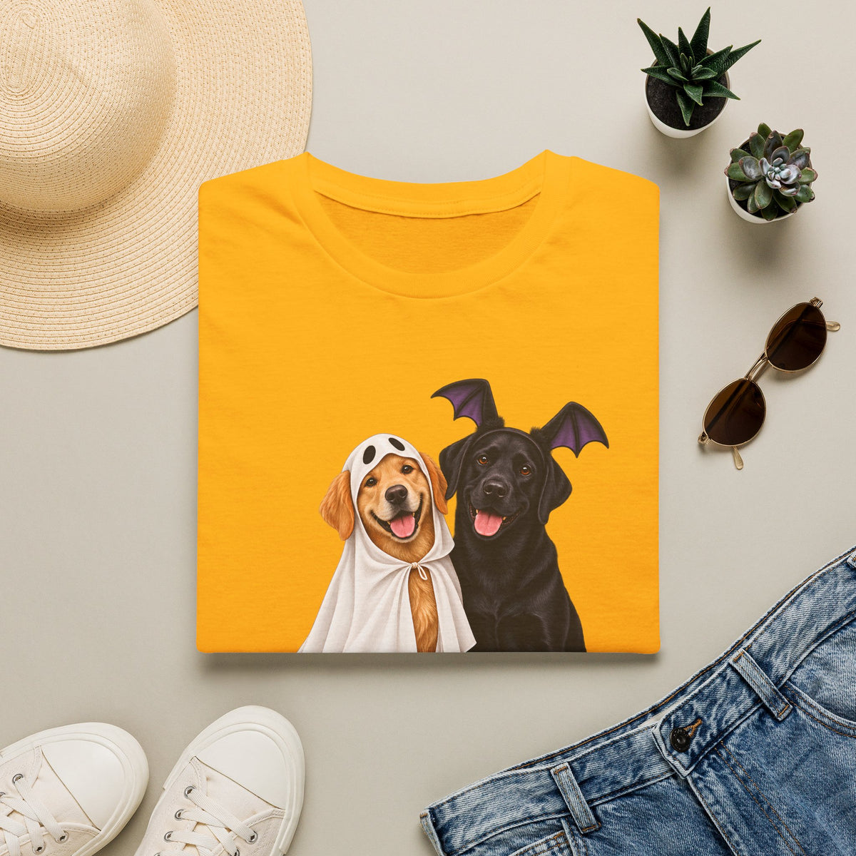 Boo-tiful Golden & Labrador Friendship T-Shirt | Halloween Dog Ghost Design