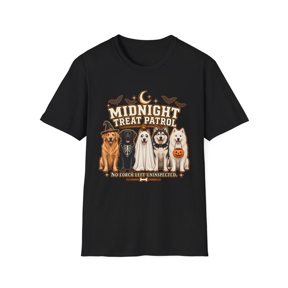 Midnight Treat Patrol T-Shirt | Halloween Dog Squad, Moon & Bats