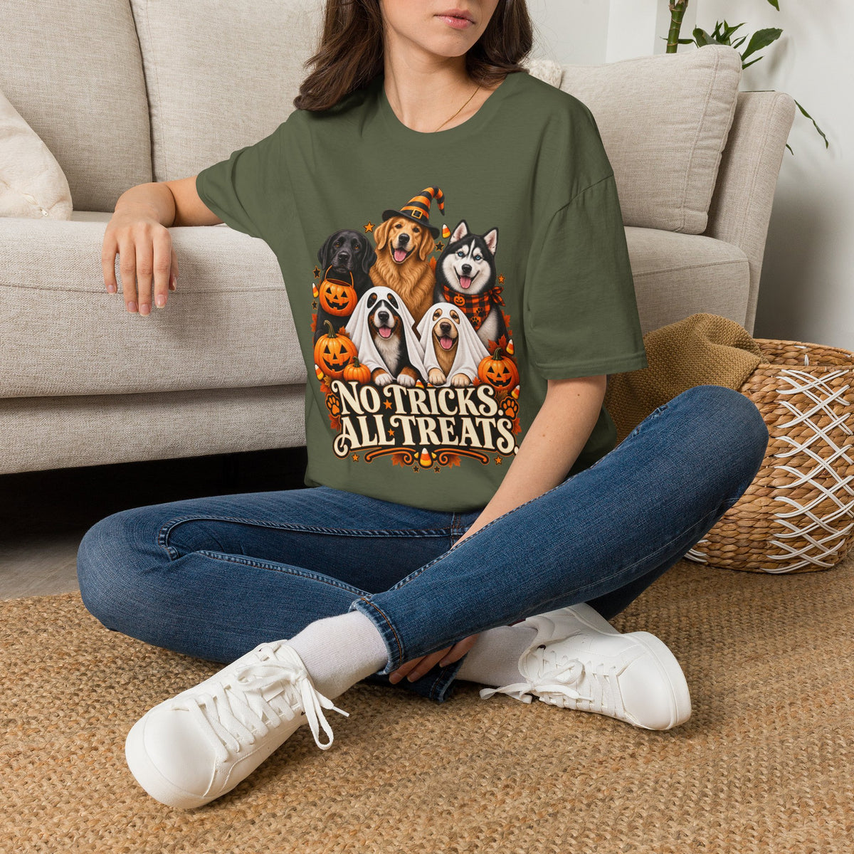 No Tricks All Treats Dogs Halloween T-Shirt | Cute Dog Pumpkin Costume Tee