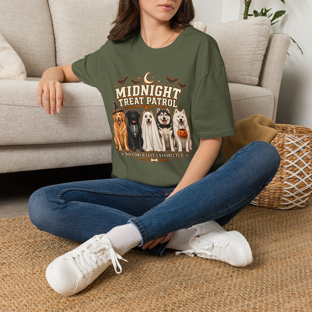 Midnight Treat Patrol T-Shirt | Halloween Dog Squad, Moon & Bats