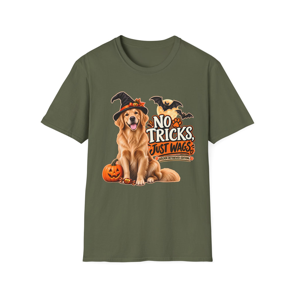 No Tricks Just Wags Dog Halloween T-Shirt | Golden Retriever, Pumpkin