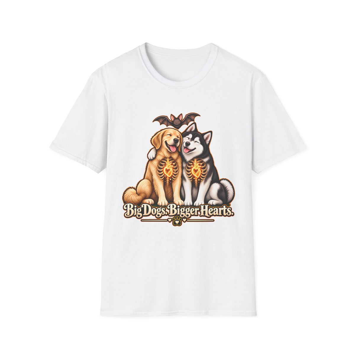 Big Dogs Bigger Hearts T-Shirt | Golden Retriever & Husky Skeleton Chest Illustration