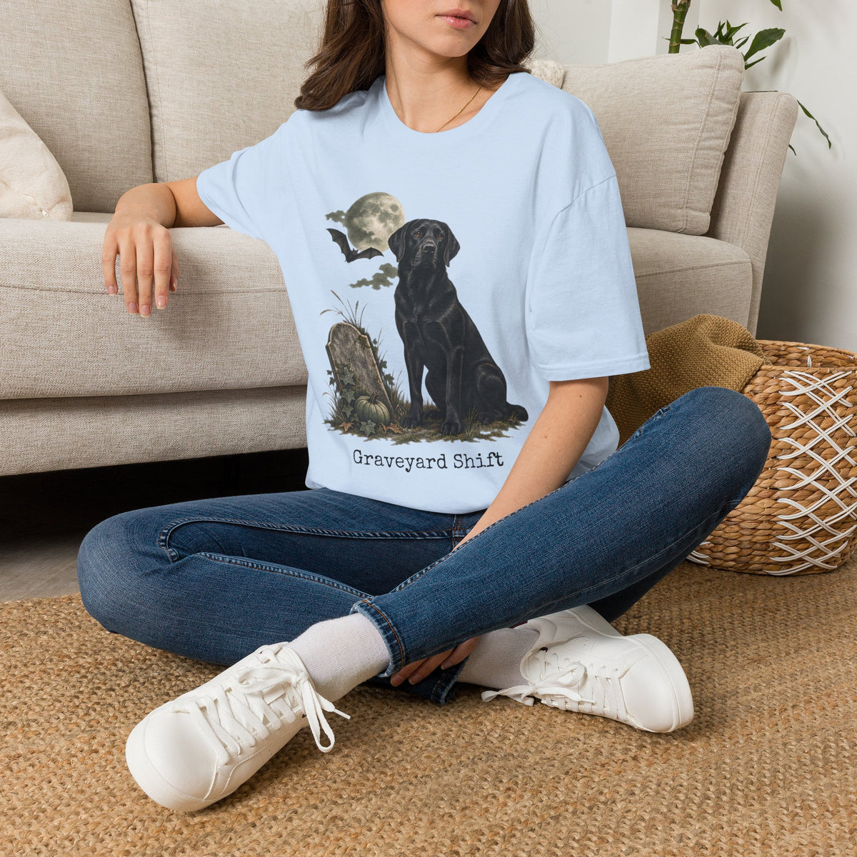 Black Labrador in Graveyard T-Shirt | Moon, Bats, Halloween Dog