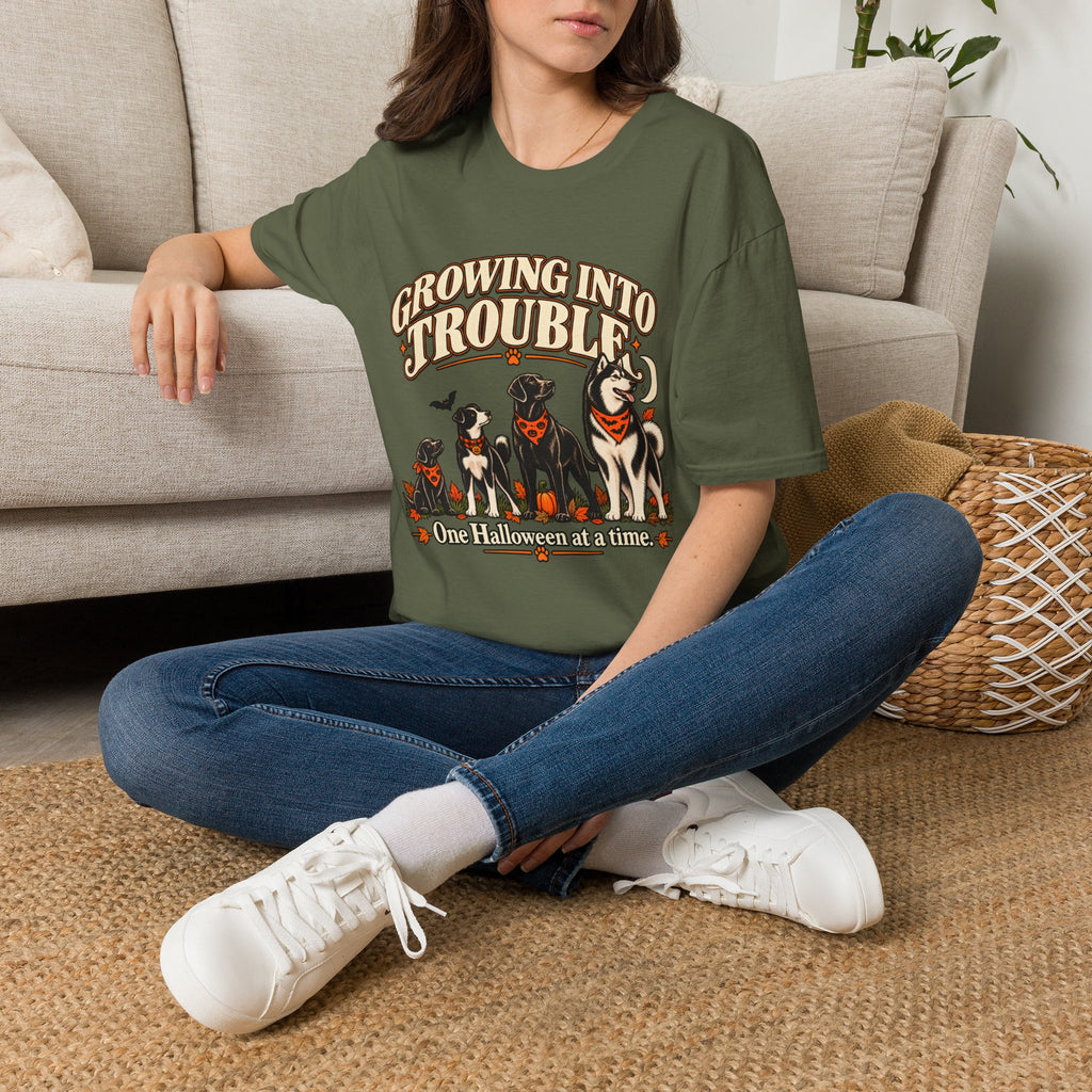 Growing Into Trouble Dogs Halloween T-Shirt | Pumpkin Orange Crew Tee