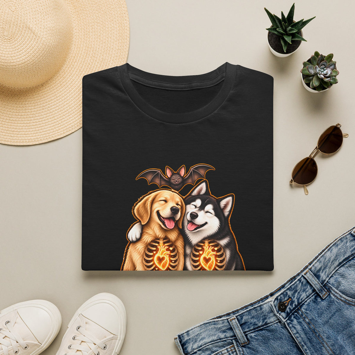 Big Dogs Bigger Hearts T-Shirt | Golden Retriever & Husky Skeleton Chest Illustration