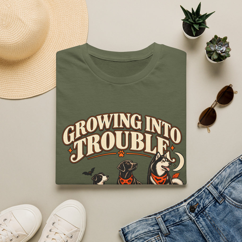 Growing Into Trouble Dogs Halloween T-Shirt | Pumpkin Orange Crew Tee
