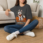 Husky Halloween Design T-Shirt | Trick or Treat Big Paws to Feet, Pumpkins & Bats