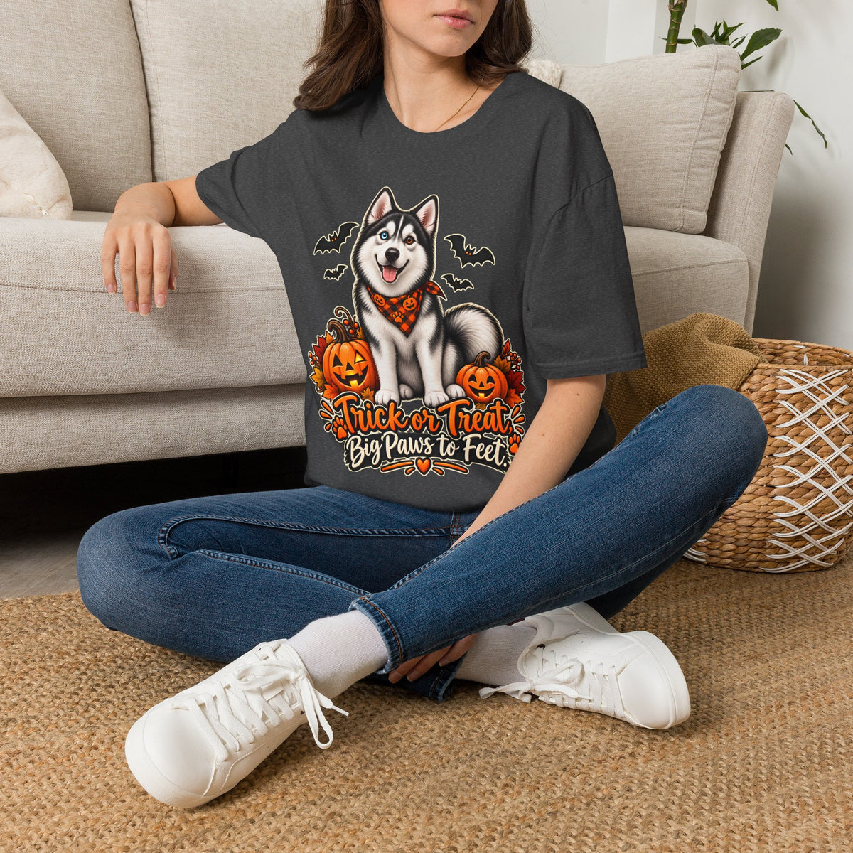 Husky Halloween Design T-Shirt | Trick or Treat Big Paws to Feet, Pumpkins & Bats