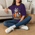 Husky Halloween Design T-Shirt | Trick or Treat Big Paws to Feet, Pumpkins & Bats