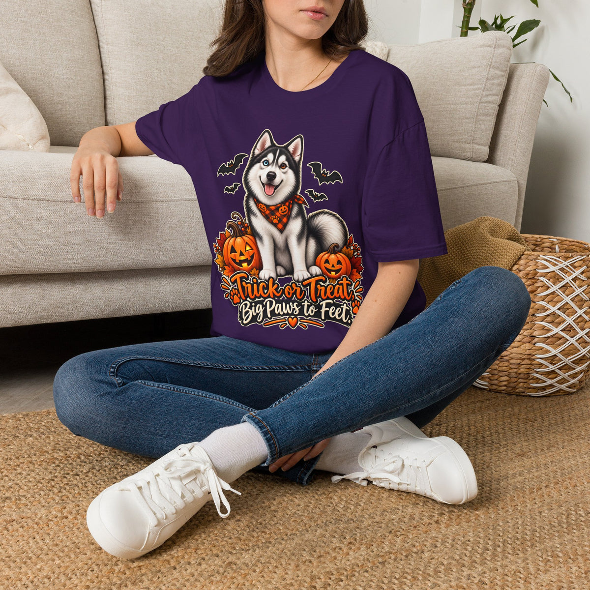 Husky Halloween Design T-Shirt | Trick or Treat Big Paws to Feet, Pumpkins & Bats